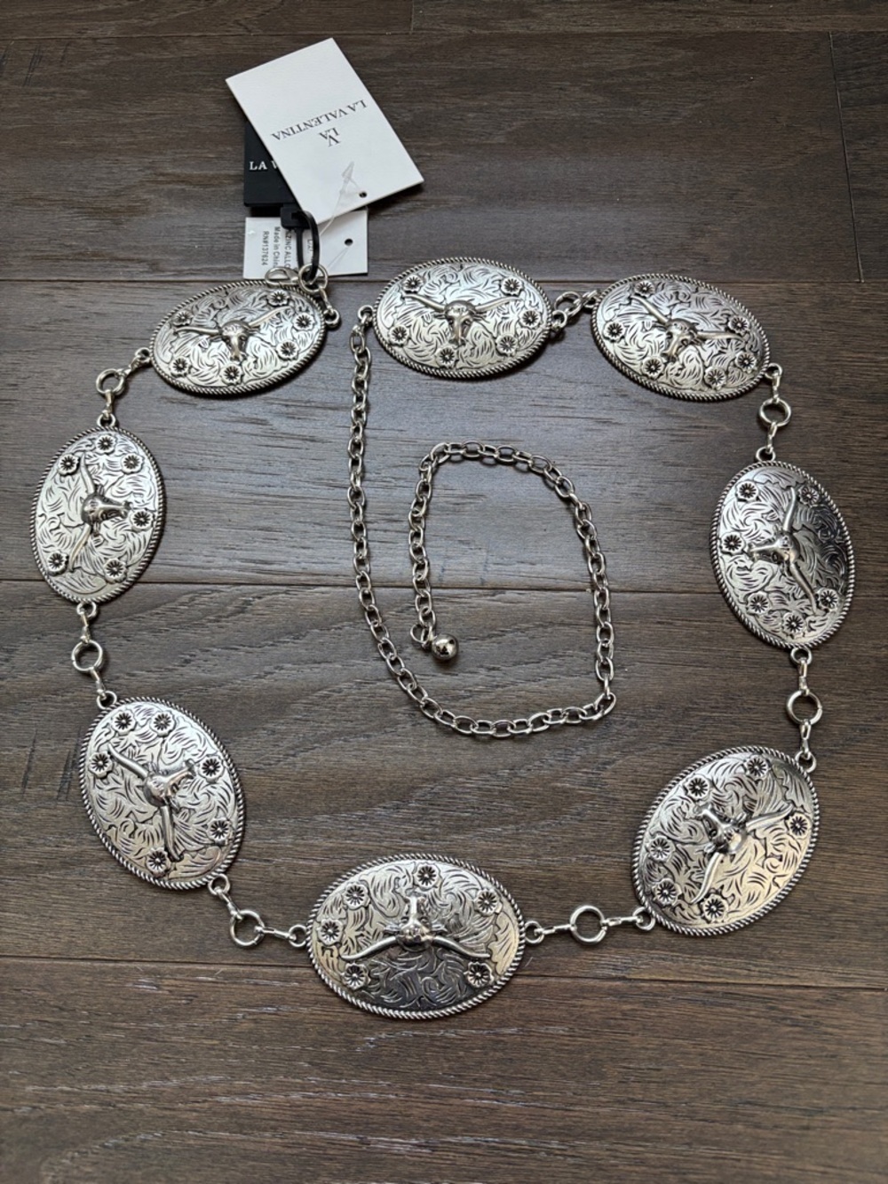 LA Valentina Western Chain Belt,oval silver tone bullhead ,versatile,sturdy